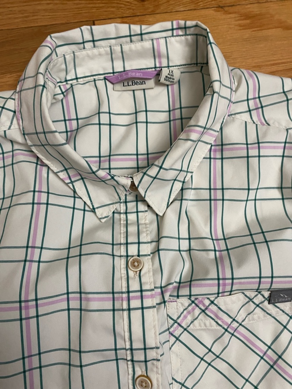 L.L. Bean Cream Plaid Button-Down Shirt with Green and Purple Lines - Picture 4 of 9